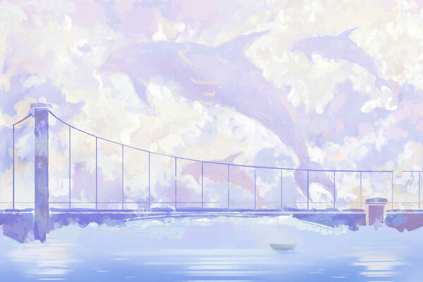 Мост и киты. Акварель стиль Digital Artwork
 