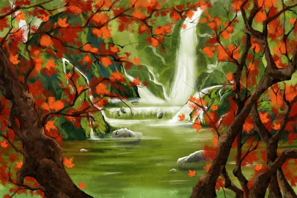 Waterfall Forest with Red Leaves Tree. Watercolor Style Artwork