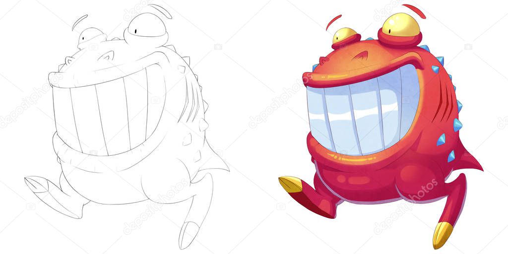 Happy Red Ball Big Mouth Creature. Coloring Book, Outline Sketch, Monster Mascot Character Design isolated on White Background