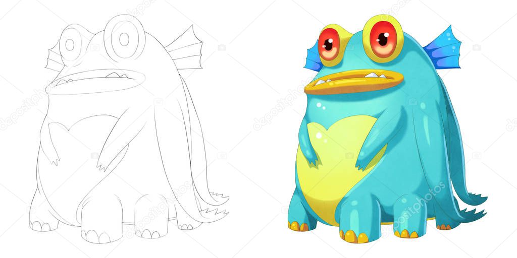 Big Belly Fat Fish Creature. Coloring Book, Outline Sketch, Monster Mascot Character Design isolated on White Background