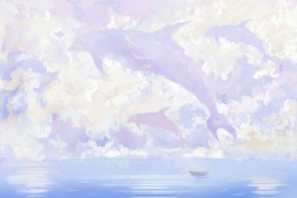 Flying Whales And Small Boat. Letter Paper, Notebook Cover Background, Watercolor Style Digital Artwork 