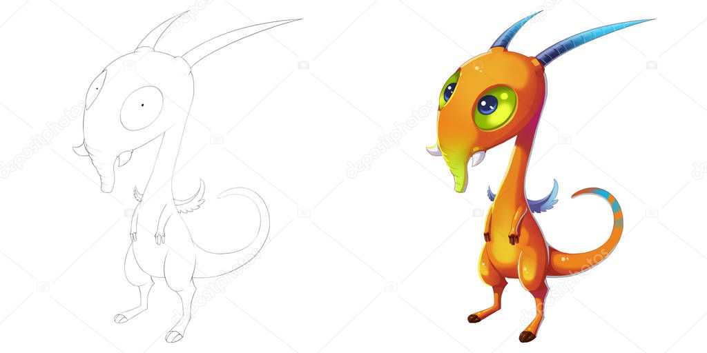 Elephant Nose Goat and Horn Creature. Coloring Book, Outline Sketch, Monster Mascot Character Design isolated on White Background 