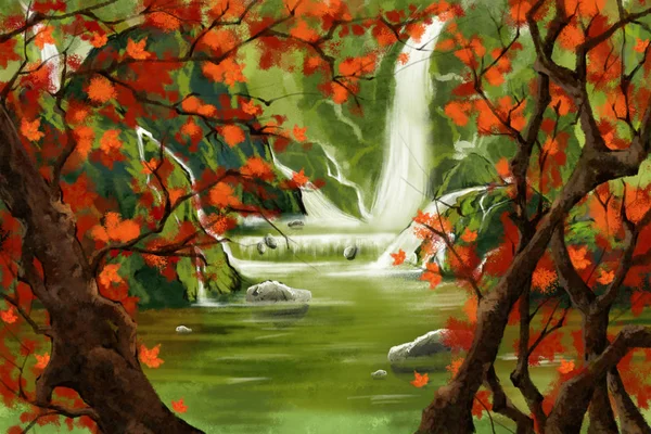 Floresta Cachoeira Com Árvore Das Folhas Vermelhas Estilo Aquarela Obras — Fotografia de Stock