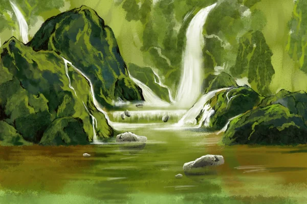 Groene Waterval Hemel Aquarel Stijl Artwork — Stockfoto