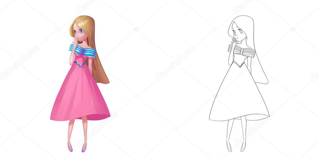 Beautiful and Delicate Young Fashion Girl. Coloring Book, Outline Sketch, Human Character Design isolated on White Background