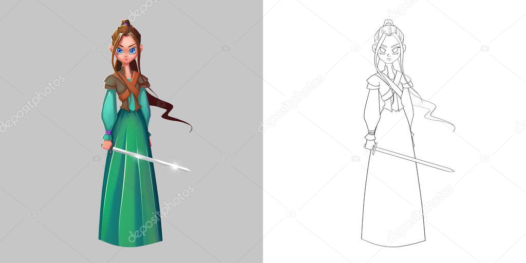 Ancient Chinese Princess, Sword Girl, Woman Warrior. Coloring Book, Outline Sketch, Human Character Design isolated on White Background 