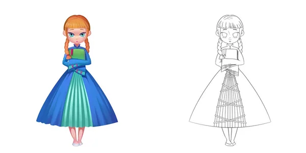 Young Princess Loves Literature Coloring Book Outline Sketch Character Design — 스톡 사진