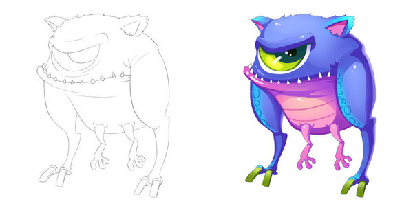 Одноглазое существо с цыплячьими ногами. Книга раскрасок, Контурный эскиз, Дизайн символов талисмана монстра, выделенный на белом фоне
 