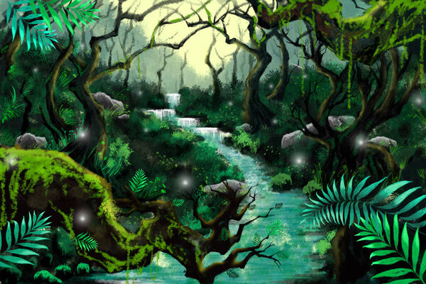 Mystery River Forest. Watercolor Style Artwork