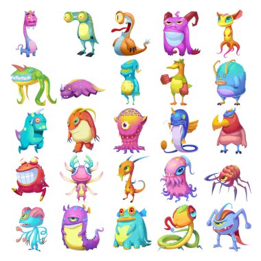 Renkli Canavar Yaratıklar. Beyaz Arka Plan da izole Monster Maskot Karakter Tasarımı 