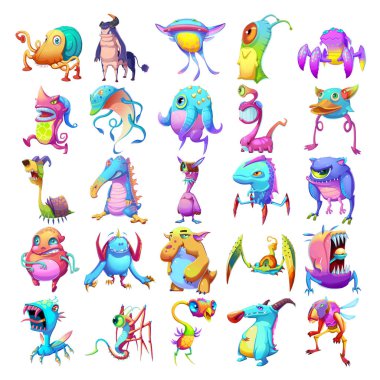  Renkli Yaratıklar. Beyaz Arka Plan da izole Monster Maskot Tasarım