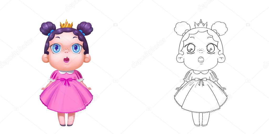 Adorable Baby Girl Princess. Coloring Book, Outline Sketch, Character Design isolated on White Background