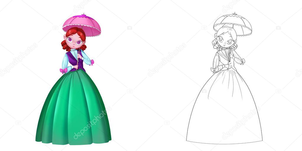 Delicate Lively Princess with Pink Umbrella. Coloring Book, Outline Sketch, Character Design isolated on White Background
