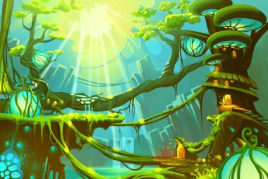 Güneş ışığı ile Fantasy Wild Forest. Video Oyunu Dijital Cg Artwork, Konsept İllüstrasyon, Gerçekçi Karikatür Tarzı 