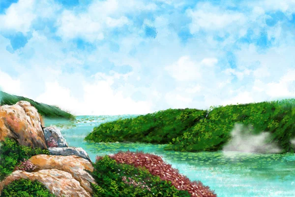 River Bend Med Klar Bule Himmel Och Vitt Moln Akvarell — Stockfoto