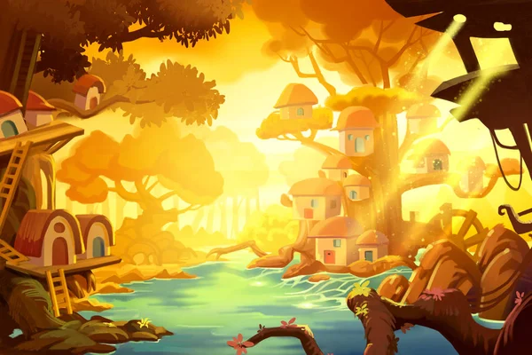 Tree House in Forest under Gold Ray of Sun. Video Game Digital CG Artwork, Concept Illustration, Realistic Cartoon Style