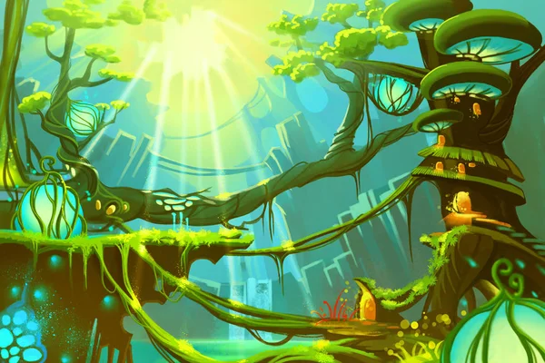 Fantaisie Forêt Sauvage Avec Lumière Soleil Jeu Vidéo Digital Artwork — Photo