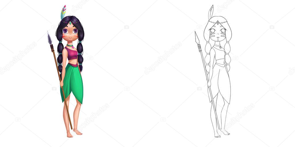 Africa Primitive Tribe Chief, Woman Warrior and Princess. Coloring Book, Outline Sketch, Character Design isolated on White Background