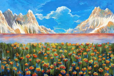 Tanrılar Dağı ve Gölü, Tibet'te kutsal bir yer. Suluboya Stil Sanat