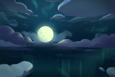 Okyanusun üstündeki Ay Gecesi. Video Oyunu Dijital Cg Artwork, Konsept İllüstrasyon, Gerçekçi Karikatür Tarzı