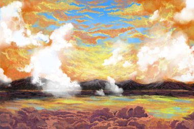 Bulutlu Göl Suluboya Stil Artwork 