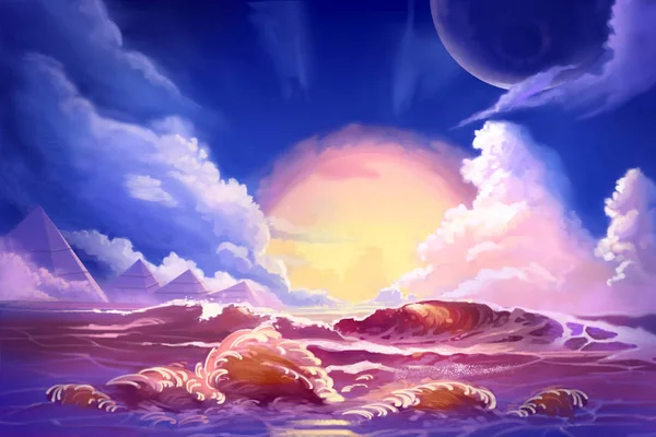 来自海洋的外星星球的风景 视频游戏数字Cg艺术作品 概念插图 逼真的卡通风格 — 图库照片
