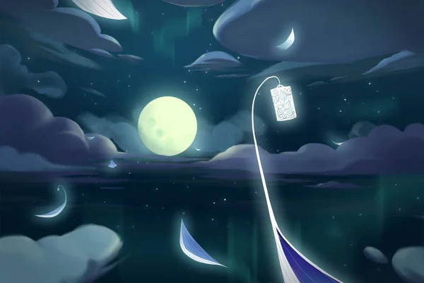 Fairy Boats in the Moon Night. Video Game Digital CG Artwork, Concept Illustration, Realistic Cartoon Style