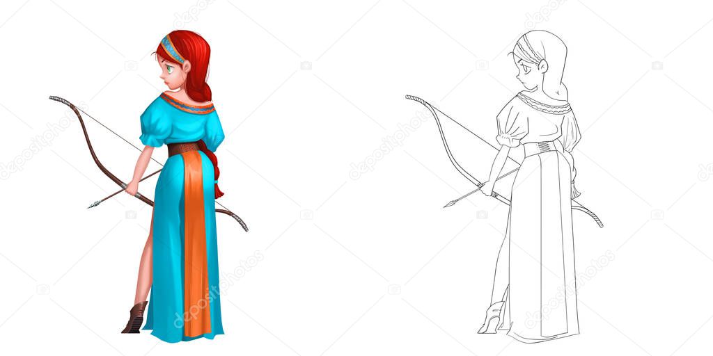 Archer Princess, Woman Warrior. Coloring Book, Outline Sketch, Character Design isolated on White Background