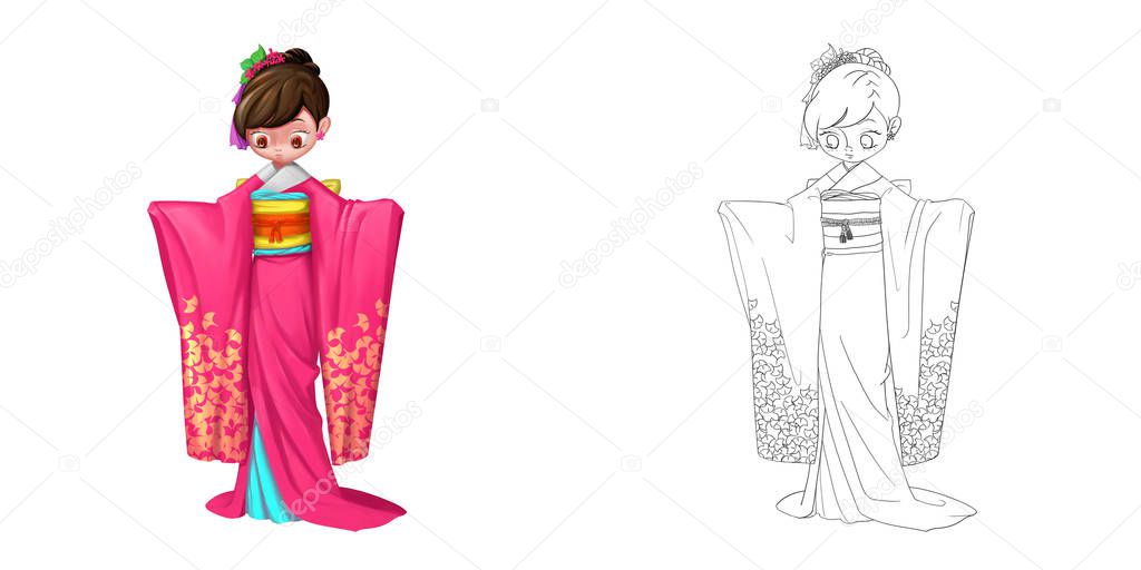Japanese Naive Princess, Shy Girl. Coloring Book, Outline Sketch, Character Design isolated on White Background