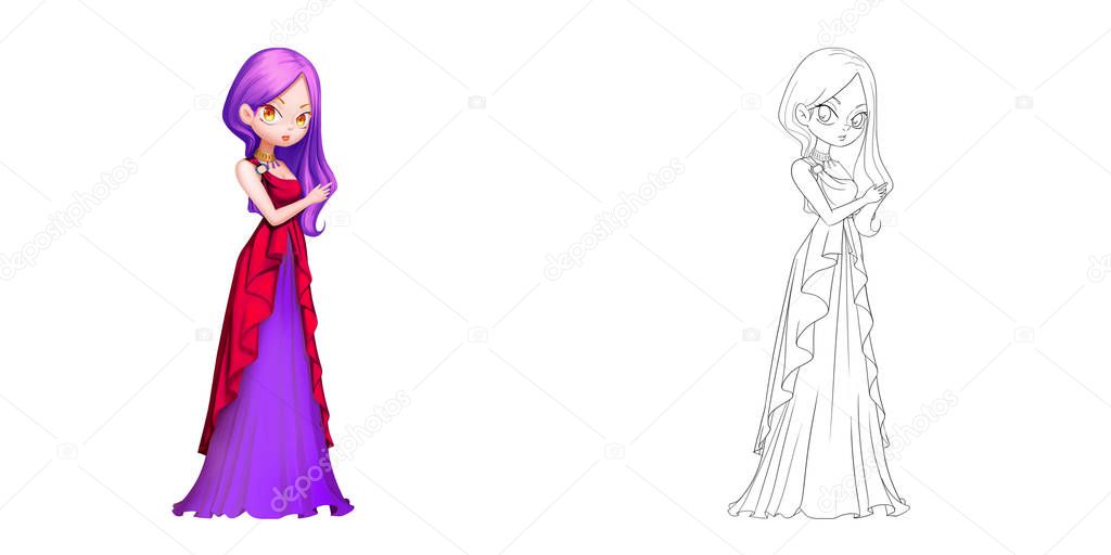 Blood-Red Vampire Princess. Coloring Book, Outline Sketch, Character Design isolated on White Background