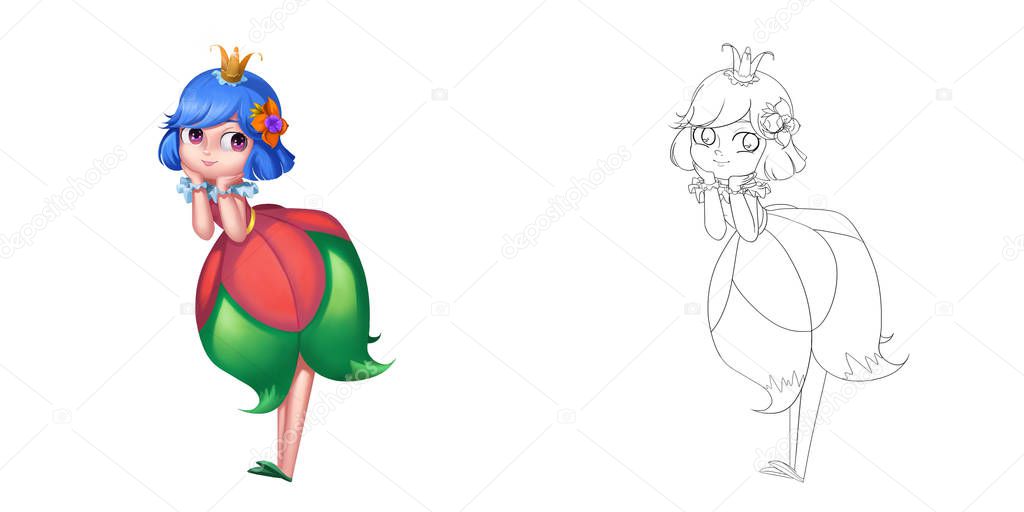 Lovely Attractive Cute Flower Fairy Princess. Coloring Book, Outline Sketch, Character Design isolated on White Background