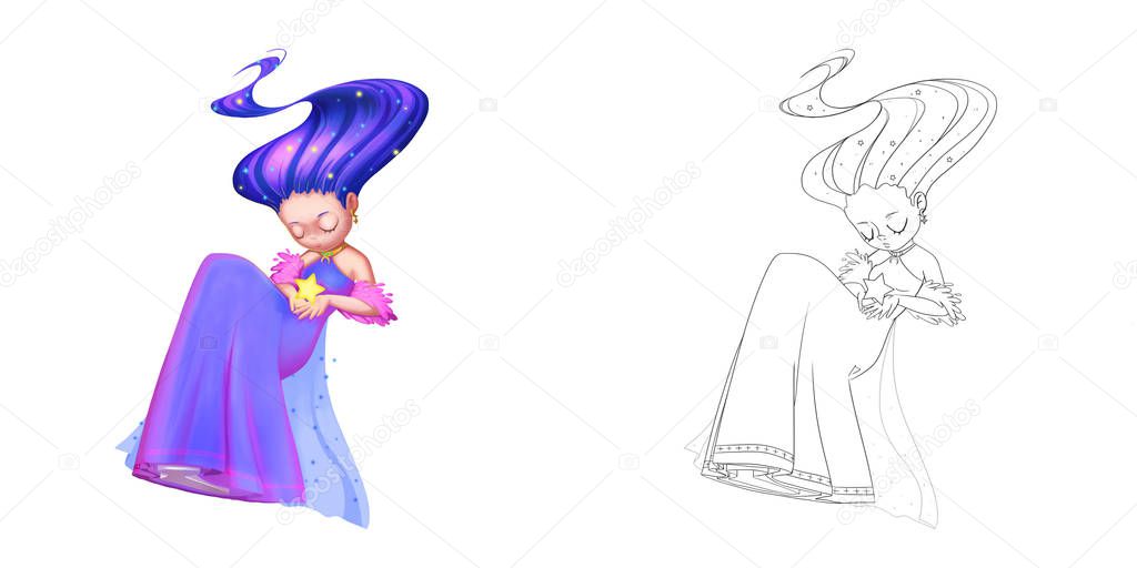 Sleeping Baby, Angel, Fairy Princess. Coloring Book, Outline Sketch, Human Character Design isolated on White Background 