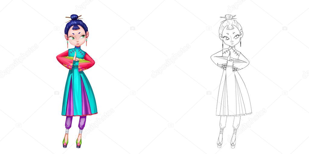  Female Taoist Priest, Woman Warrior, Girl Martial Artist. Coloring Book, Outline Sketch, Human Character Design isolated on White Background