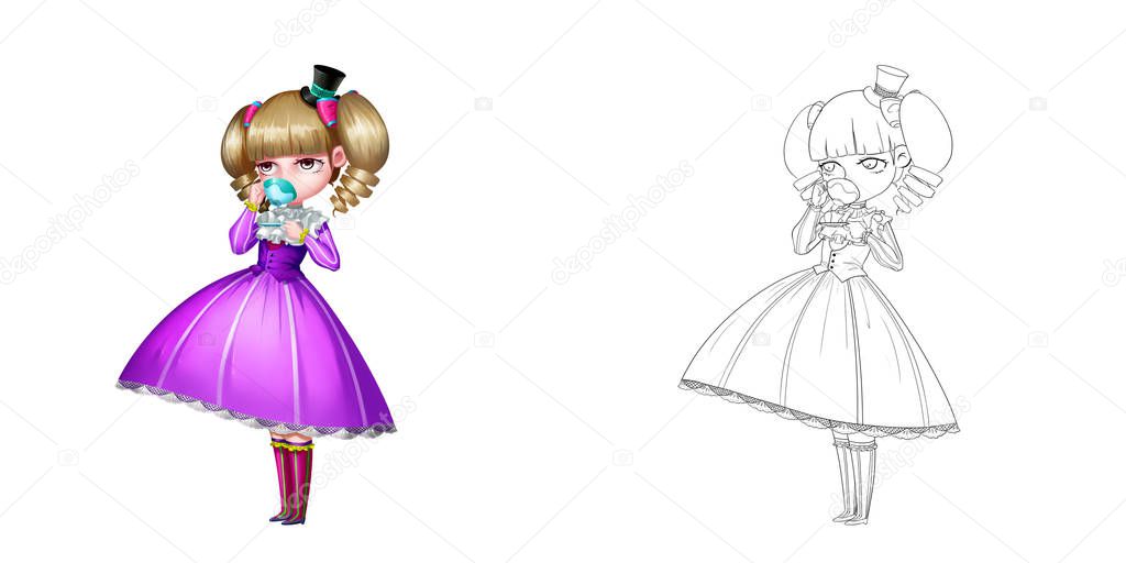 Noble Girl, A Princess, Drinking Tea. Coloring Book, Outline Sketch, Human Character Design isolated on White Background
