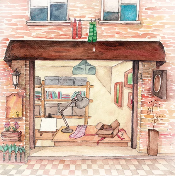 Mercearia Aquarela Obra Ilustração — Fotografia de Stock