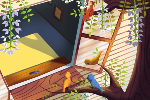在房子的窗户前的树上的鸟 儿童故事数字Cg艺术作品 概念插图 逼真的卡通风格背景 — 图库照片