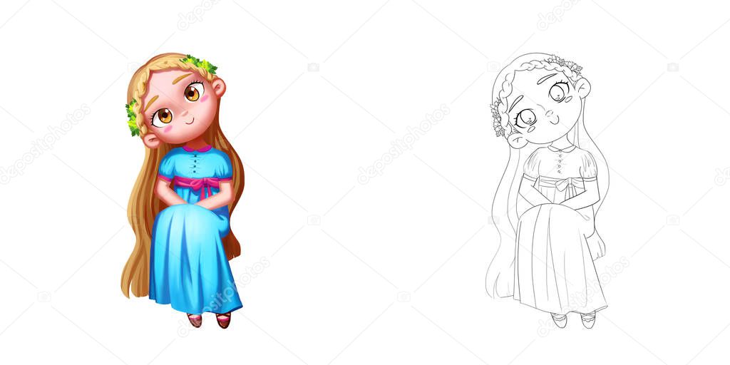 Young Princess, also an Adorable Girl. Coloring Book, Outline Sketch, Human Character Design isolated on White Background