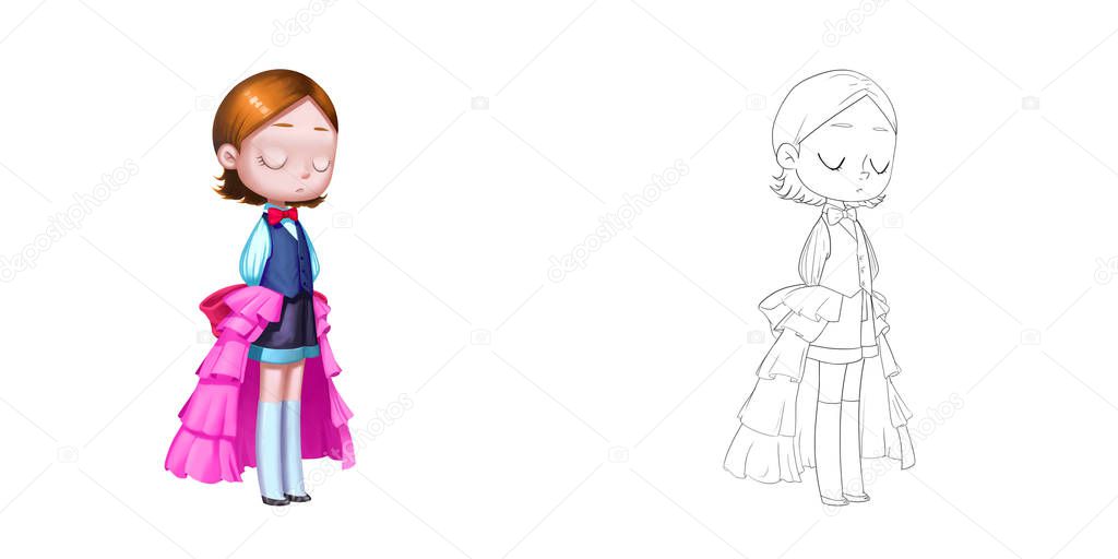 Young Baron Princess. Coloring Book, Outline Sketch, Human Character Design isolated on White Background