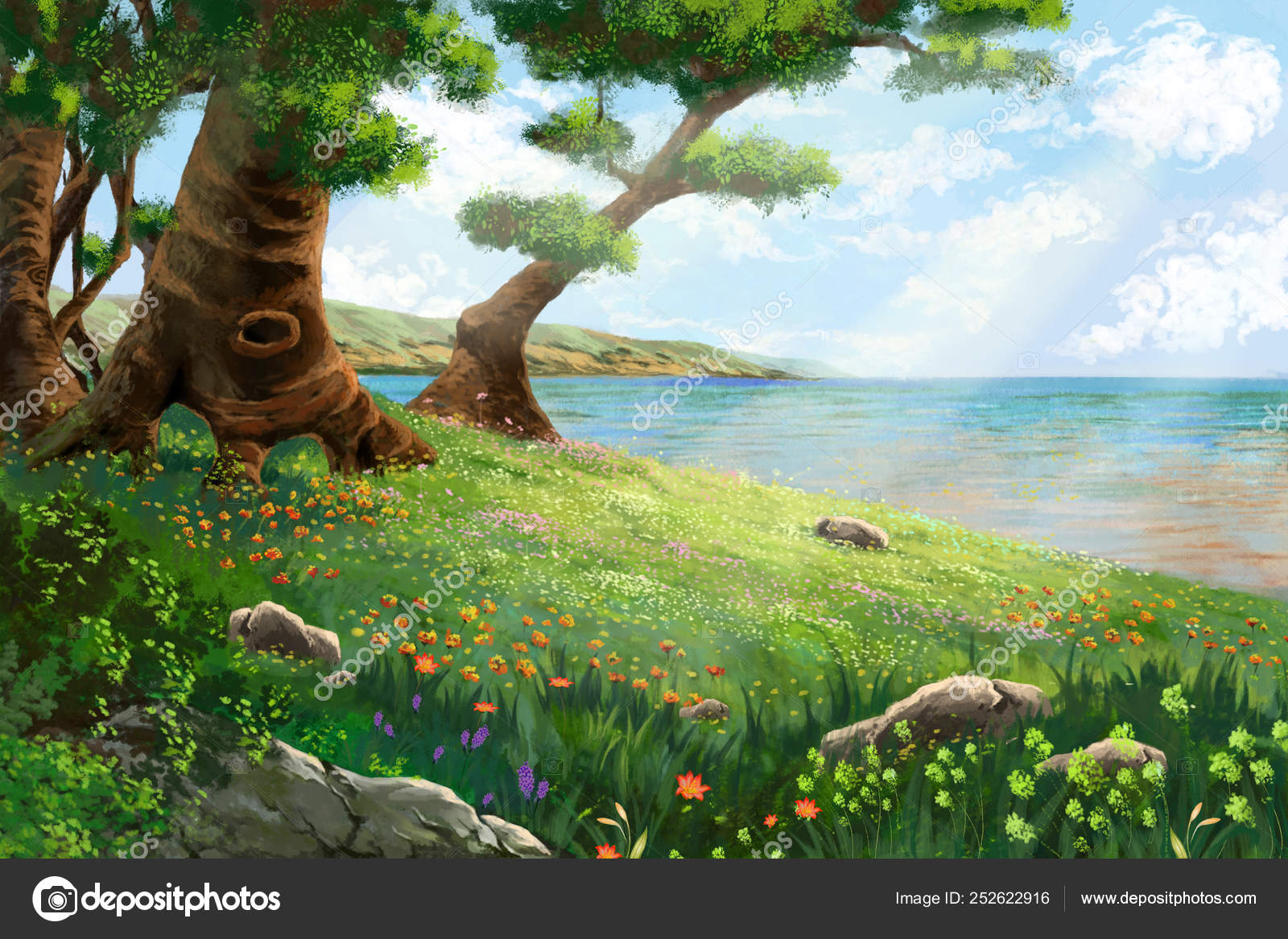 Ribera Del Río Con Flores Árboles Videojuegos Digital Carátula Ilustración  Ilustración de stock #252622916 de ©NextMars, image size:1600x1167