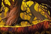 Podivný stromový les. Video hry Digital CG grafika, koncepce ilustrace, realistické pozadí kresleného stylu