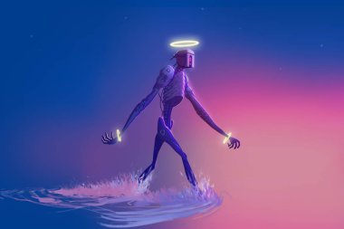 Temiz Soyut Arka Planda Yürüyen Dev Gizem Robotu. Video Oyunu Dijital Cg Artwork, Konsept İllüstrasyon, Gerçekçi Karikatür Tarzı Arka Plan 