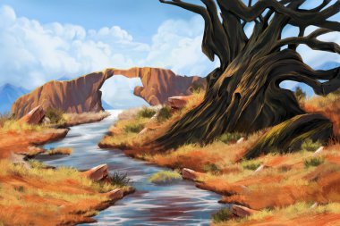 Taş Köprü, Nehir ve Ağaç. Video Oyunları Dijital Cg Artwork, Konsept İllüstrasyon, Gerçekçi Karikatür Tarzı Arka Plan
