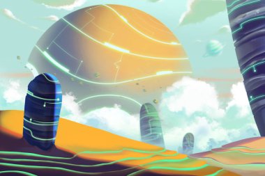 Fantastik ve Egzotik Alien Gezegenler Çevre ve Manzara. Video Oyunları Dijital Cg Artwork, Konsept İllüstrasyon, Gerçekçi Karikatür Tarzı Arka Plan