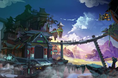 Fantastik Çin. Fütüristik ve Tarihsel Hem Bir Arada Bir Hayal Gücü. Video Oyunları Dijital Cg Artwork, Konsept İllüstrasyon, Gerçekçi Karikatür Tarzı Arka Plan