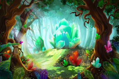 Elmas ve Kristal Orman Efsanesi. Video Oyunları Dijital Cg Artwork, Konsept İllüstrasyon, Gerçekçi Karikatür Tarzı Arka Plan