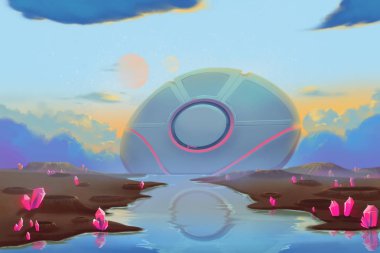 Fantastik ve Egzotik Allen Gezegenler Çevre. Düşen Ufo. Video Oyunları Dijital Cg Artwork, Konsept İllüstrasyon, Gerçekçi Karikatür Tarzı Arka Plan 