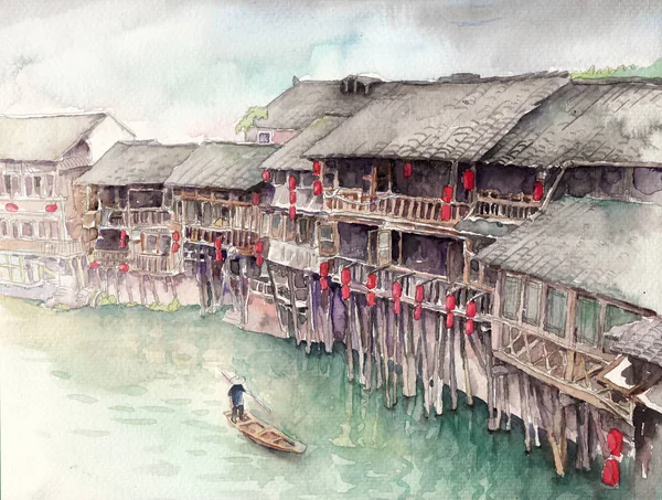 Water Town Chiny Akwarela Artwork — Zdjęcie stockowe