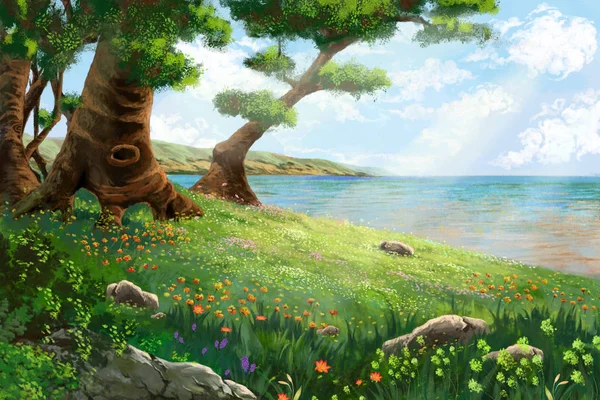 Çiçekler ve Ağaçlar ile River Bank. Video Oyunları Dijital Cg Artwork, Konsept İllüstrasyon, Gerçekçi Karikatür Tarzı Arka Plan