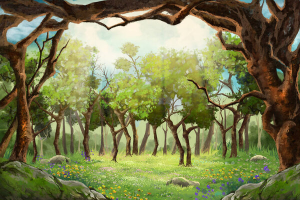 Small Flower Field inside the Clearing of Forest. Video Games Digital CG Artwork, Concept Illustration, Realistic Cartoon Style Background