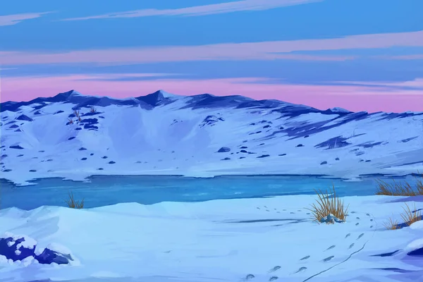 冬の雪の世界 ビデオゲームデジタルCgアートワーク コンセプトイラスト リアルな漫画スタイルの背景 — ストック写真